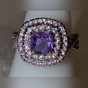 *BP #2466 - Amethyst & White Topaz (lab) Rhodium Size 7.25 Ring BRAND NEW